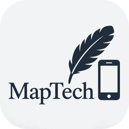MapTechのアプリアイコン（MapTechの文字と羽ペン、スマートフォン）